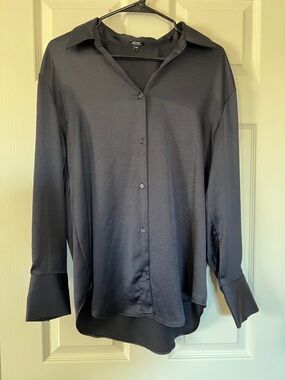 Express Satin Boyfriend Portifino Blouse in Navy